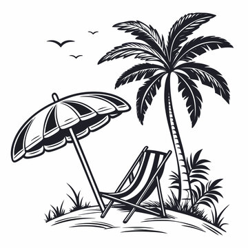 Stylized black line art of a beach umbrella, sun chair, and palm tree, clean summer vibes, 
