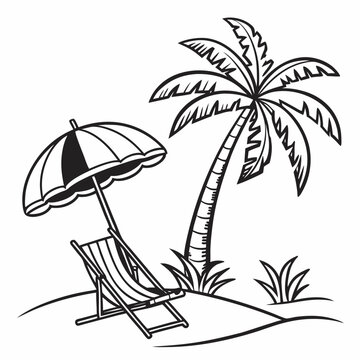 Stylized black line art of a beach umbrella, sun chair, and palm tree, clean summer vibes, 