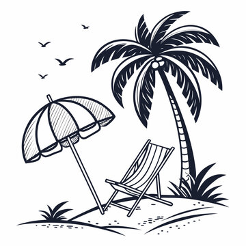 Stylized black line art of a beach umbrella, sun chair, and palm tree, clean summer vibes, 