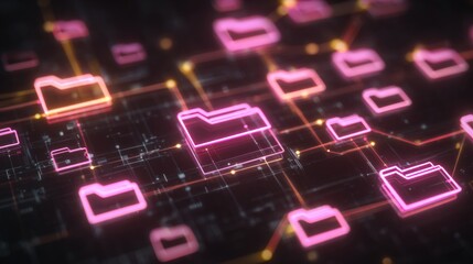 Poster - abstract network grid with files and folders, futuristic software interface, digital document manage