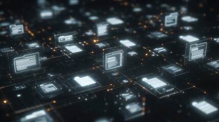 Poster - abstract network grid with files and folders, futuristic software interface, digital document manage