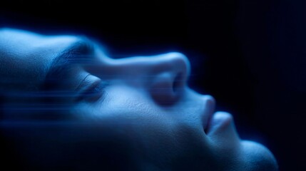 Poster - A serene profile of a person in soft blue light. The image captures a dreamlike essence and calm demeanor. Perfect for modern art and digital concepts. Elegant and ethereal style. AI
