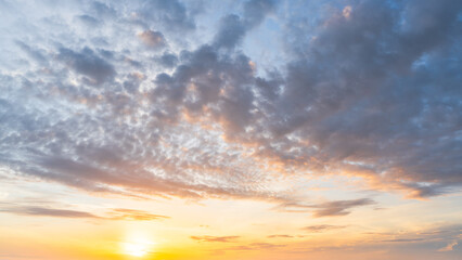 Wall Mural - morning sky, golden sunset beauty summer sun with yellow, orange, blue sunrise sky background, sunny