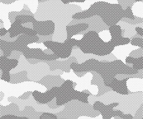 Poster - Abstract halftone seamless camouflage pattern. Repeating digital dotted hexagonal camo military texture background. Abstract modern fabric textile ornament. Vector illustration.	