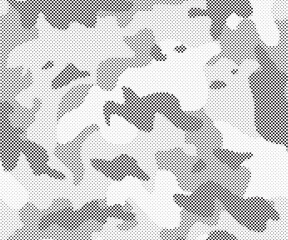 Poster - Abstract halftone seamless camouflage pattern. Repeating digital dotted hexagonal camo military texture background. Abstract modern fabric textile ornament. Vector illustration.	