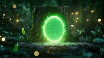 Poster - Fantasy Mystical glowing portal in a deep forest, surrounded by mysterious floating lights.
