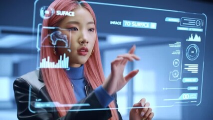 businesswoman pushing a button on a touch screen