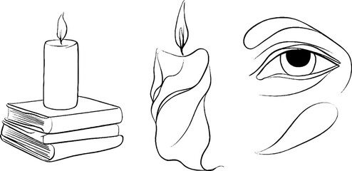 Poster - Minimalist line art illustration set featuring candle, book spine, and eye for design projects