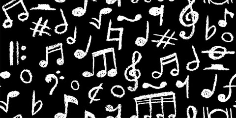 Poster - Handwritten pop music elements. Charcoal style seamless pattern. Scribble notes in black for bold, school projects. Vector illustration of a cute childish music kindergarten pastel wax pencil signs.