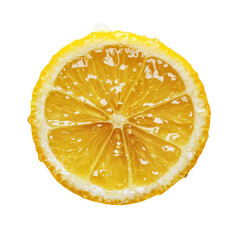 Poster - Fresh lemon slice with vibrant yellow color and water droplets, showcasing its juicy texture and natural shine, perfect for culinary or beverage themes