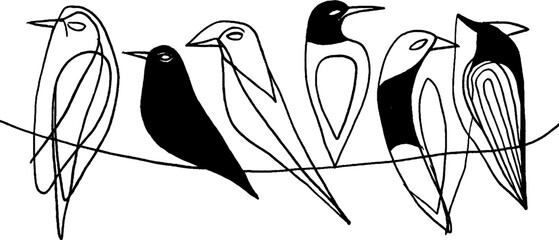 Poster - Minimalist line art birds perching on wires for banner design and decoration
