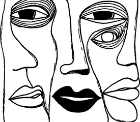 Poster - Abstract line art of interwoven faces in curved border frame for artistic design