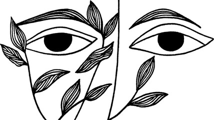 Poster - Surreal line art with vertical gradient of eyes and leaves for creative design