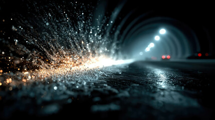 Poster - Abstract view of tunnel illuminated by glittering particles and reflections, creating a dynamic sense of motion and futuristic depth