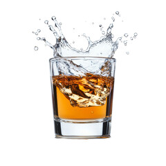Aufkleber - glass of whiskey with ice splashing, creating dynamic and refreshing scene. rich amber color contrasts beautifully with clear water droplets, evoking sense of enjoyment and relaxation