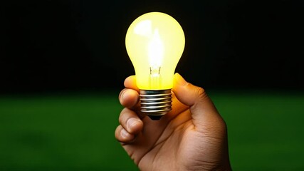 Poster - Hand Holding Bright Yellow Light Bulb Symbolizing Creativity and Innovation Against Dark Background in Artistic Concept