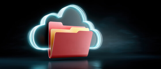 Poster - Digital folder icons represent data transfer in cloud storage with glowing cloud shape and red folder symbolizing secure file sharing