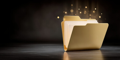 Poster - Digital folder icons represent data transfer with glowing effects on dark background symbolizing secure and efficient digital information exchange