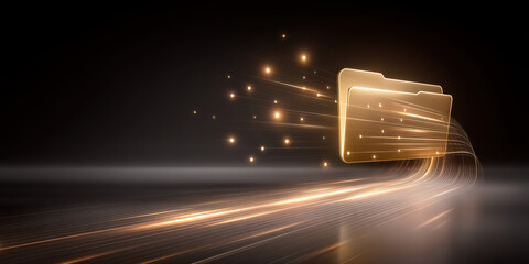 Poster - Digital folder icons with glowing data transfer lines symbolize fast electronic file sharing and network communication concept