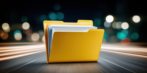 Poster - Digital yellow folder icons symbolize data transfer and storage in fast modern environment with blurred lights creating dynamic tech atmosphere