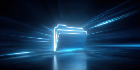 Poster - Digital folder icons represent data transfer in futuristic glowing blue design with light streaks and reflections on dark background