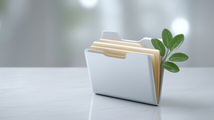 Poster - Digital folder icons symbolize data transfer with green leaves representing eco friendly technology and organized information management
