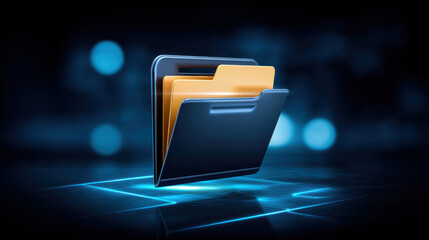 Poster - Digital folder icons represent data transfer in futuristic concept with glowing blue light and dark background for technology use