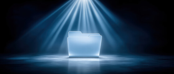 Poster - Digital folder icons glow under blue light beams symbolizing data transfer and secure digital storage in futuristic technology concept