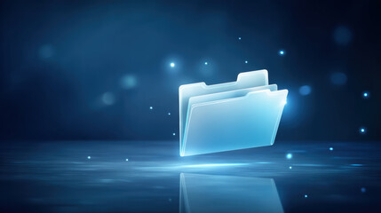 Poster - Digital folder icons glow with data transfer effects in futuristic style showing digital data transfer and storage concept in blue light