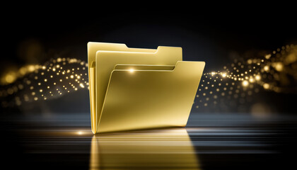 Poster - Digital folder icons symbolize data transfer with glowing golden folders on dark background creating futuristic and elegant digital concept
