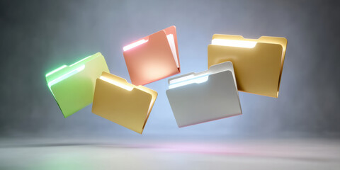 Poster - Digital folder icons in various colors float in soft light background symbolizing data transfer and organization in modern digital environment
