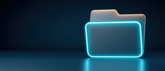 Poster - Digital folder icons glowing with neon light symbolize data transfer and storage in modern technology concept with dark background