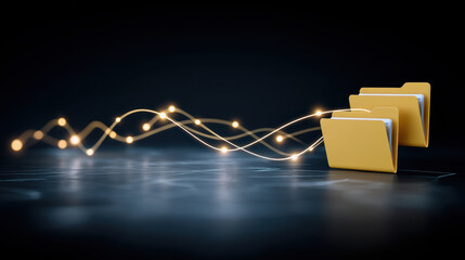 Poster - Digital folder icons with glowing data transfer lines symbolize fast file sharing and network connection in dark background with modern tech feel