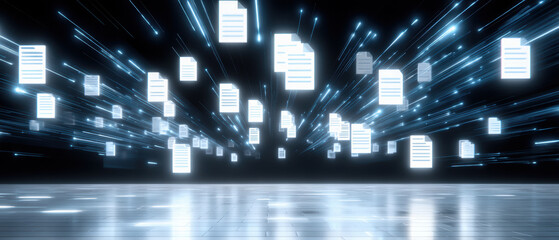 Poster - Digital folder icons represent data transfer in futuristic environment with glowing light streaks and floating document symbols