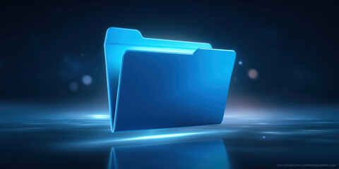 Poster - Digital folder icons symbolize data transfer in futuristic blue design glowing on dark background with reflective surface and soft light effects