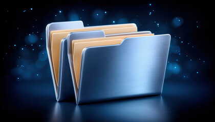 Poster - Digital folder icons represent data transfer with metallic blue file folders glowing on dark background in futuristic style