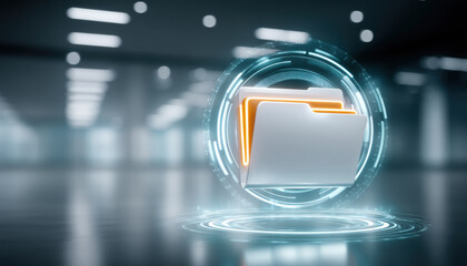Poster - Digital folder icons represent data transfer in futuristic interface glowing with blue and orange light in blurred modern environment