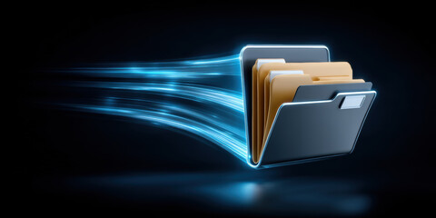 Poster - Digital folder icons represent data transfer with glowing blue light trails symbolizing fast file sharing and electronic document exchange