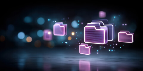 Poster - Digital folder icons glowing in data transfer concept with futuristic neon light effect and bokeh background for technology design