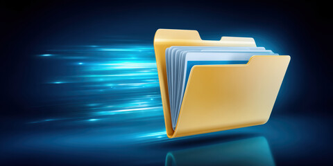 Poster - Digital folder icons represent fast data transfer with glowing blue streaks symbolizing speed and efficient file management in modern concept