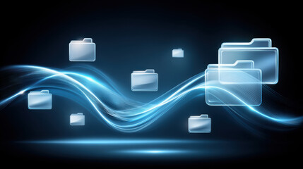 Poster - Digital folder icons represent data transfer with glowing blue waves symbolizing fast and secure file sharing in futuristic technology concept