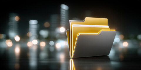 Poster - Digital folder icons represent data transfer in futuristic style with glowing edges and blurred city background creating modern tech atmosphere