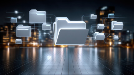 Poster - Digital folder icons represent data transfer in futuristic network with glowing connections and cityscape background at night