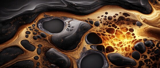Poster - Abstract fluid art with swirling black gold and amber colors creating dynamic organic patterns and textures