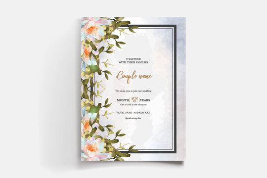 WEDDING INVITATION FRAME WITH FLOWER DECORATIONS AND FRESH LEAVES