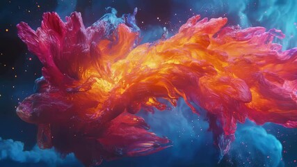 Poster - Colorful fluid motion with vibrant orange and pink hues swirling in deep blue background