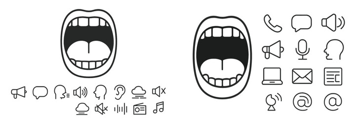 Poster - Illustrations of open mouths with various communication and sound symbols showcasing expressive themes and emotions