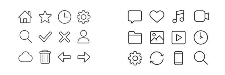 Poster - Collection of simple line icons representing various digital interface functions in a minimalistic design
