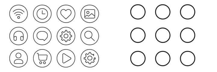 Poster - Round icon designs featuring common symbols for technology and social media usage in a minimalist style