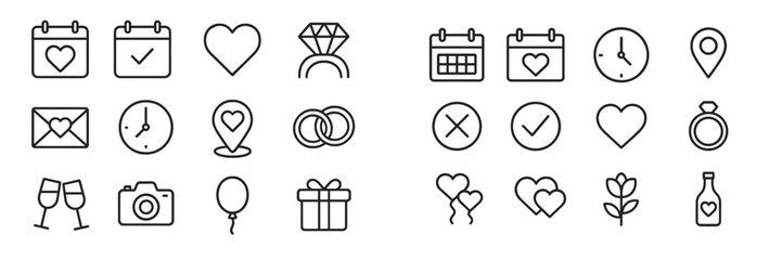 Aufkleber - Collection of wedding and romantic icons featuring hearts, rings, calendar, and celebration symbols for digital design